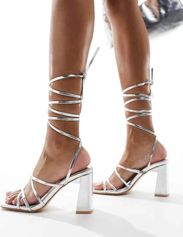 Public Desire Rhea block heeled sandals in silver - Image 4