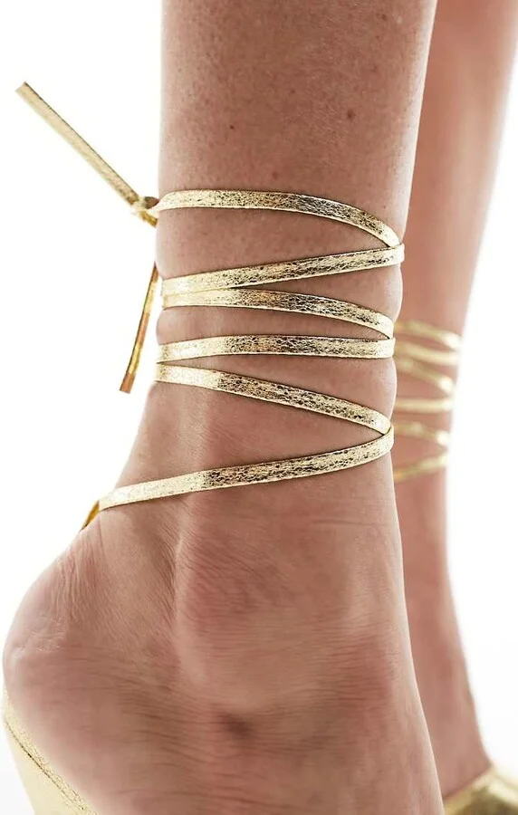 Public Desire Ronnie pointed heeled sandals with ankle tie in gold - Image 2