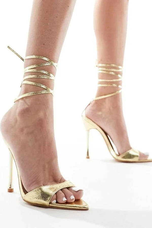 Public Desire Ronnie pointed heeled sandals with ankle tie in gold - Image 4