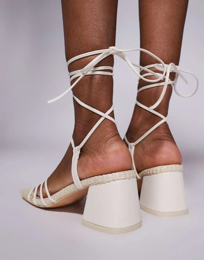 Public Desire Saffira mid heeled sandals with ankle ties in cream - Image 3