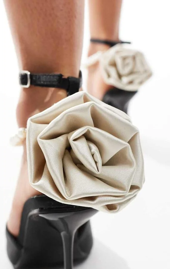 Public Desire Sariah pointed heels in black with pearl ankle strap and corsage detail - Image 2