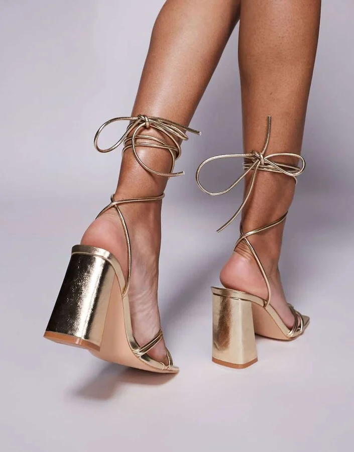 Public Desire Schiffer block heeled sandals with tie leg in gold - Image 3