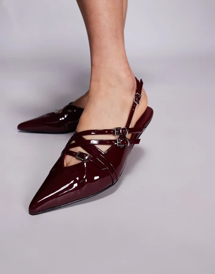 Public Desire Shilpa pointed strappy slingback heels in burgundy