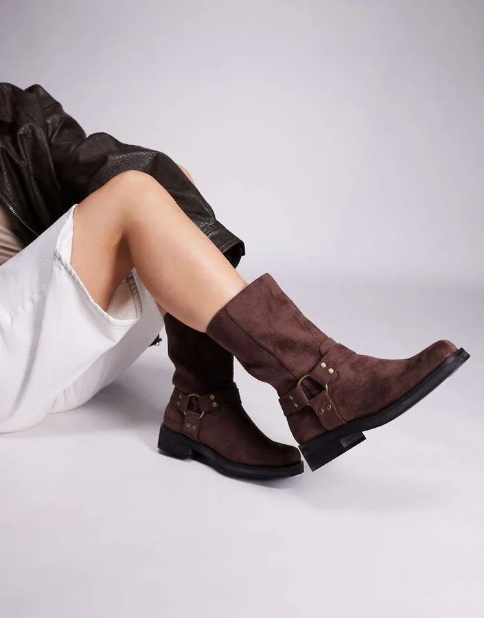 Public Desire Sienna moto boots in brown faux suede - Image 3