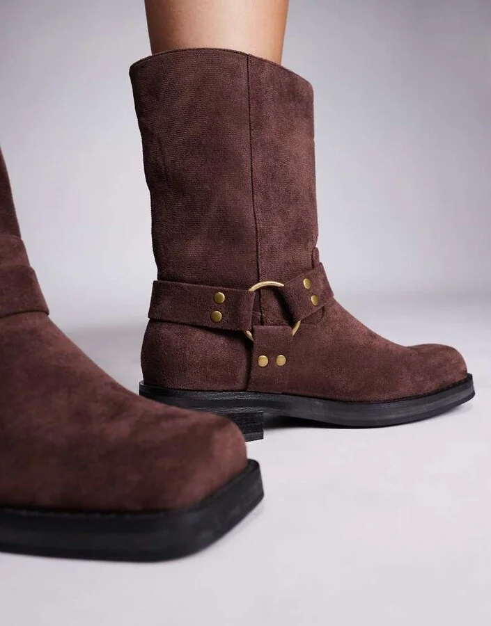 Public Desire Sienna moto boots in brown faux suede - Image 4