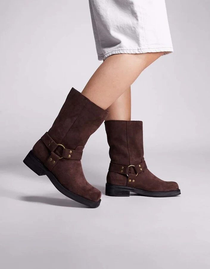 Public Desire Sienna moto boots in brown faux suede
