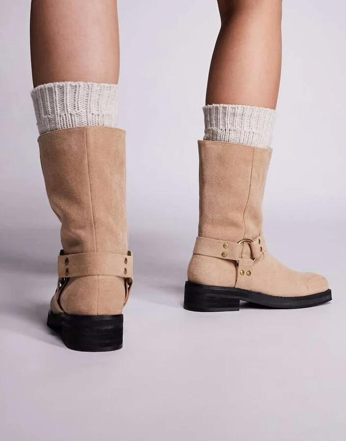 Public Desire Sienna moto boots in sand faux suede - Image 4