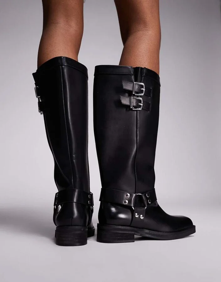 Public Desire Sirius flat harness knee boots in black - Image 2