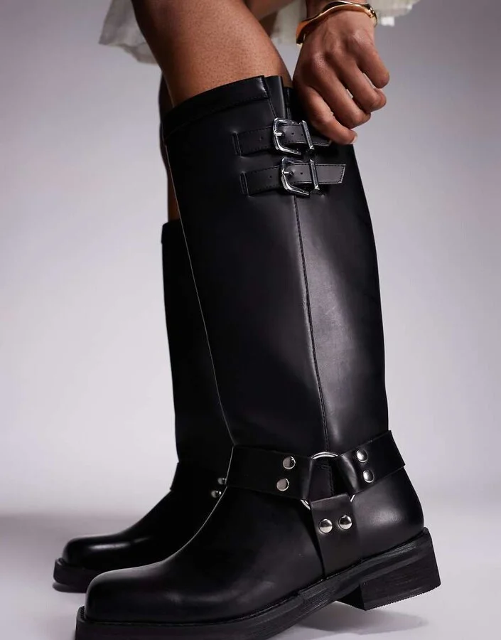 Public Desire Sirius flat harness knee boots in black - Image 3