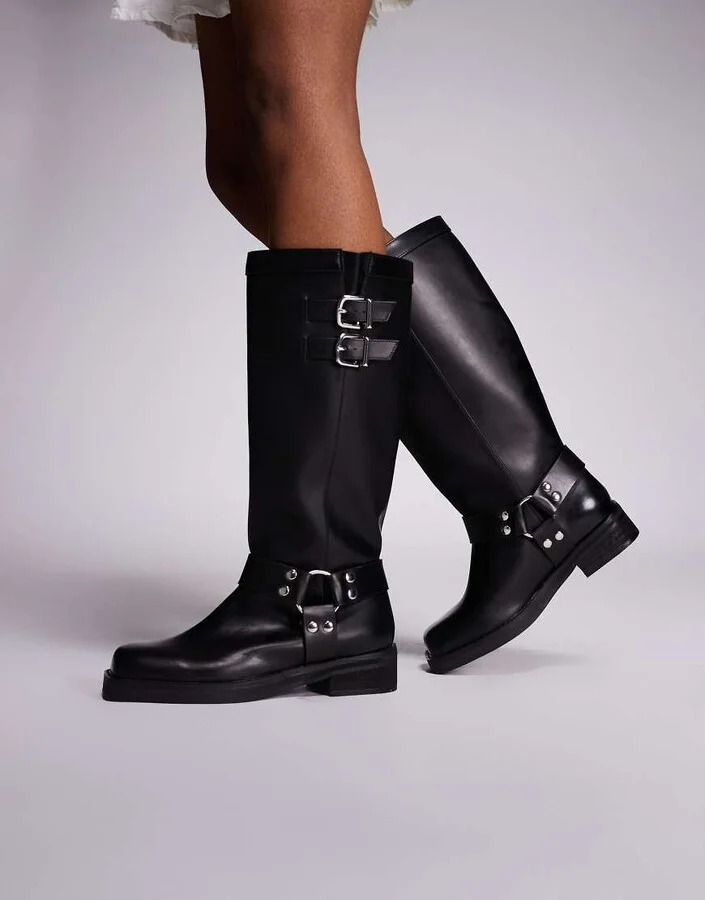 Public Desire Sirius flat harness knee boots in black