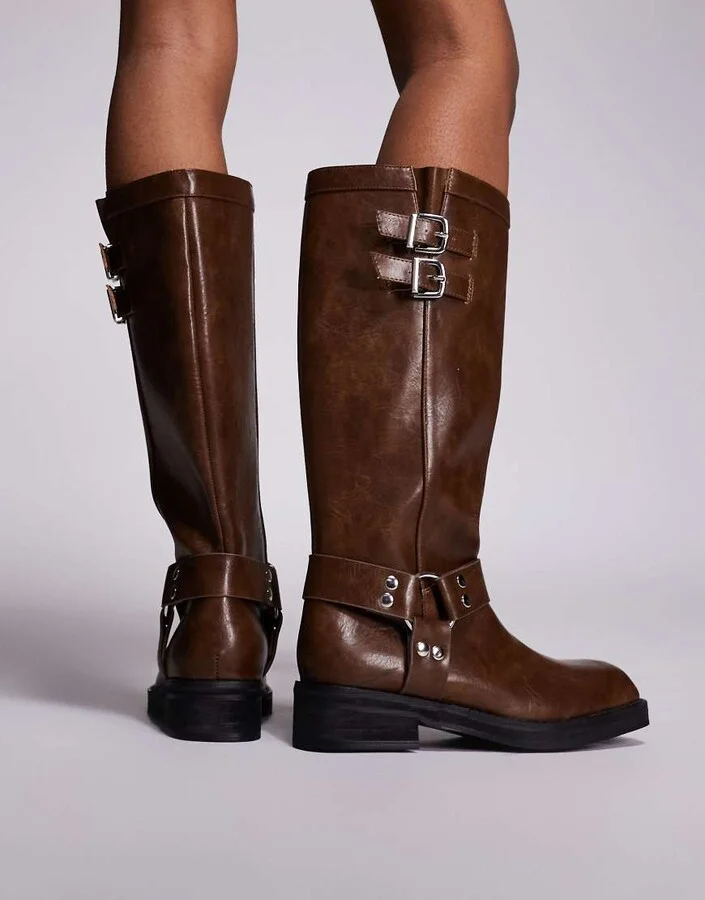 Public Desire Sirius flat harness knee boots in Tan - Image 2
