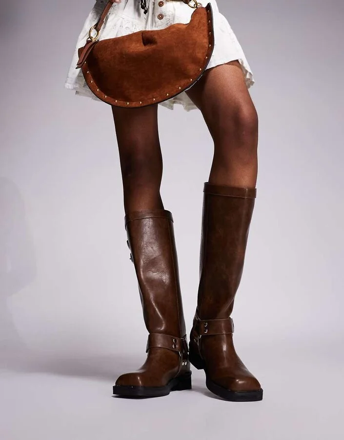 Public Desire Sirius flat harness knee boots in Tan - Image 3