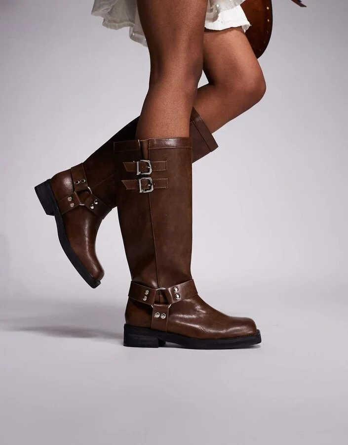 Public Desire Sirius flat harness knee boots in Tan