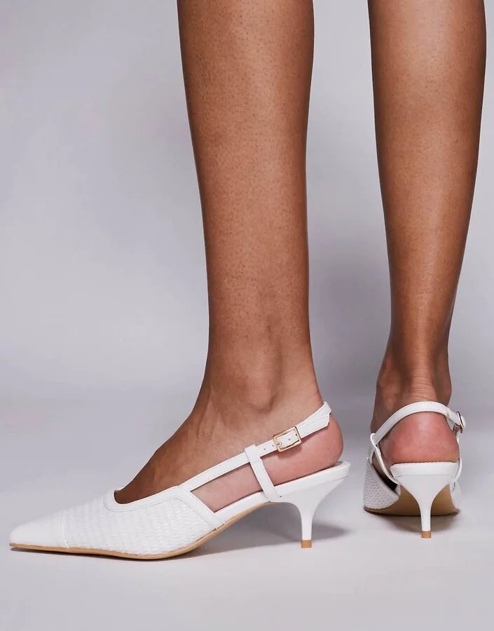 Public Desire sling back kitten heel sandals in raffia white - Image 4