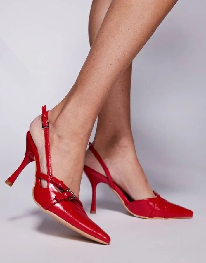 Public Desire Smooch strappy sling back kitten heeled shoes in cherry red - Image 4