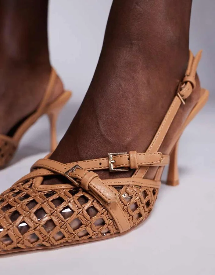 Public Desire Smooch woven strappy sling back heeled shoes in tan - Image 3