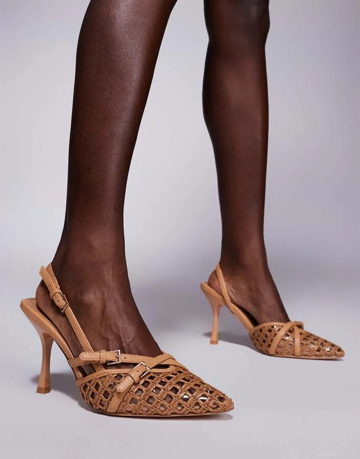 Public Desire Smooch woven strappy sling back heeled shoes in tan