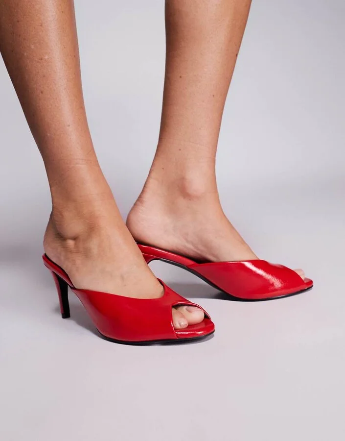 Public Desire Stessy heeled peep toe mule sandals in red - Image 3