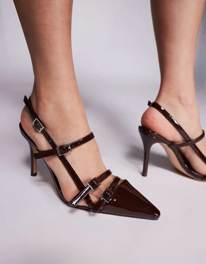 Public Desire Sushi high heeled shoes with buckles in brown patent - Image 2