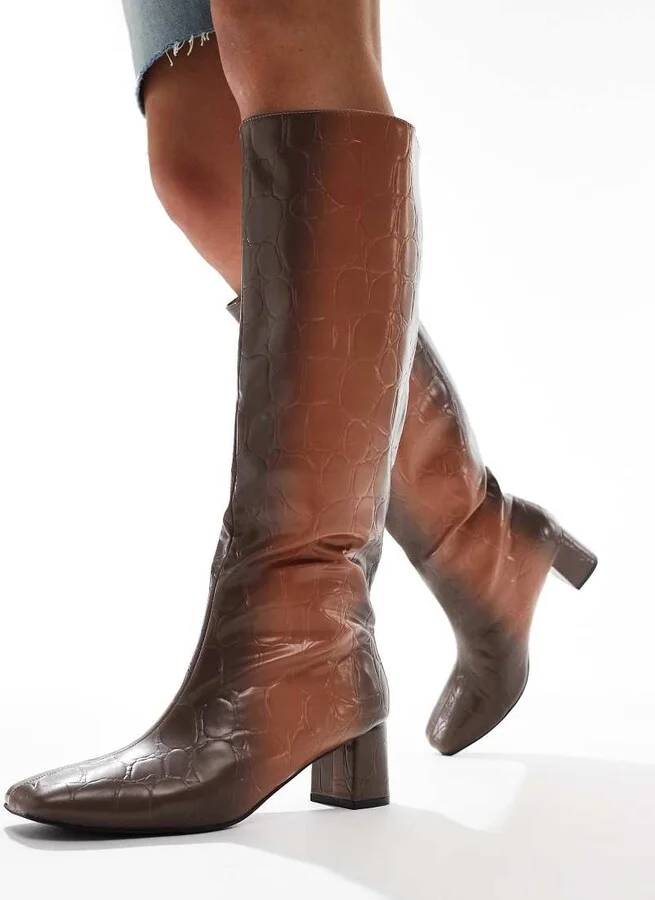 Public Desire Tamira block heel knee boots in brown ombre croc - Image 2