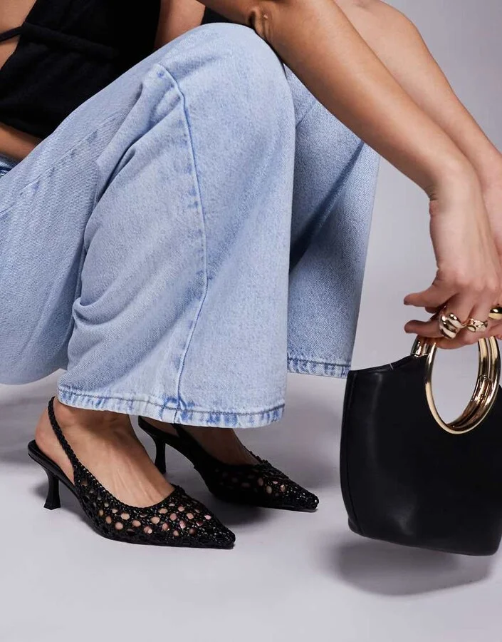 Public Desire Thelma woven sling back heeled shoes in black - Image 2