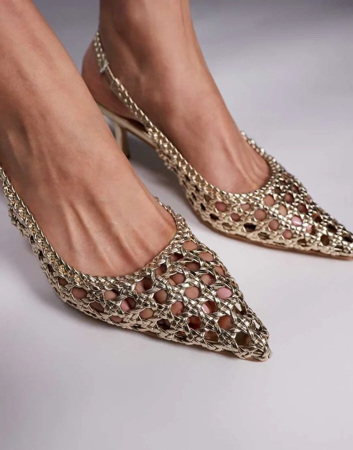 Public Desire Thelma woven slingback heeled shoes in gold - Image 2