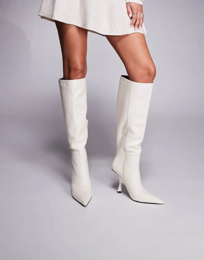 Public Desire Third Date high heel knee boots in white