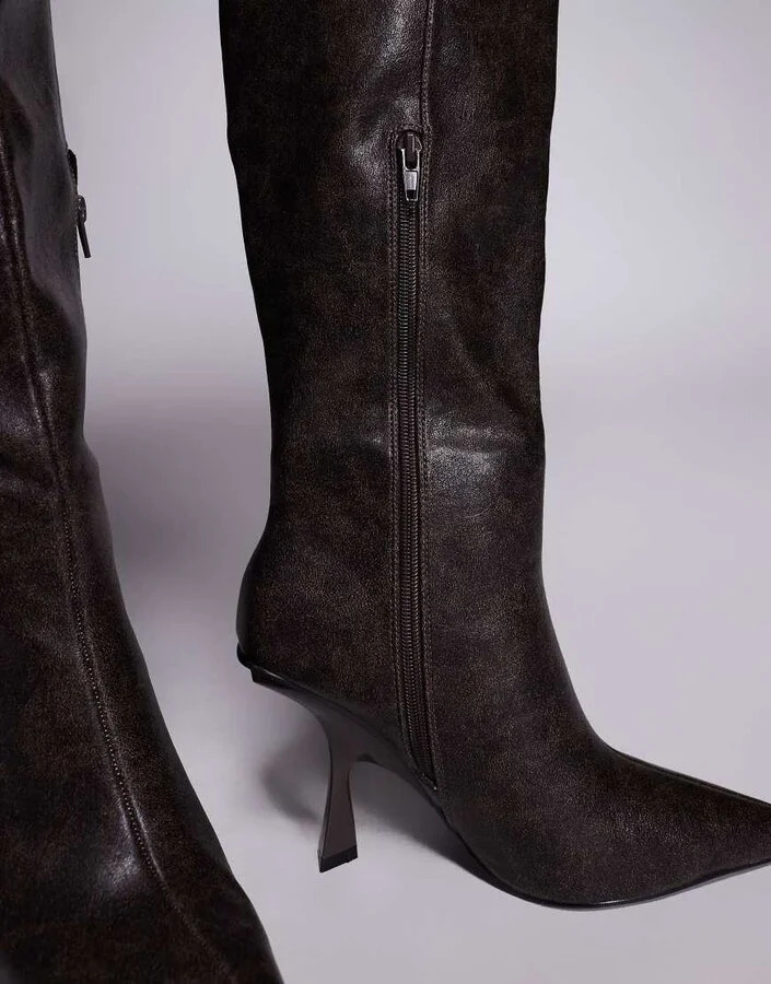 Public Desire Third Date high heeled knee boots in distressed brown - Image 3
