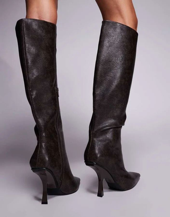 Public Desire Third Date high heeled knee boots in distressed brown - Image 4