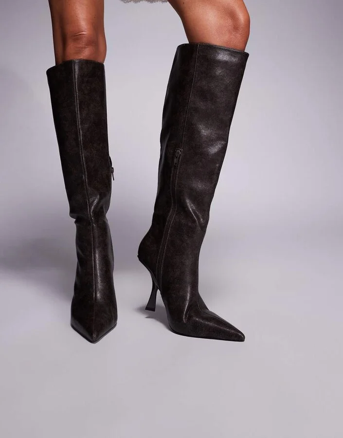 Public Desire Third Date high heeled knee boots in distressed brown