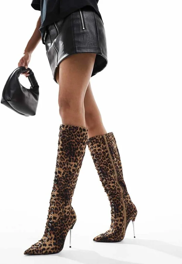 Public Desire Witchcraft lace up knee boots in Leopard