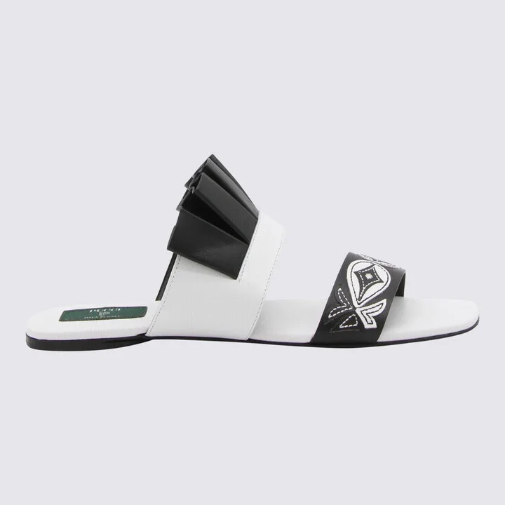 Pucci Black And White Leather Goccia Applique' Flat Sandals