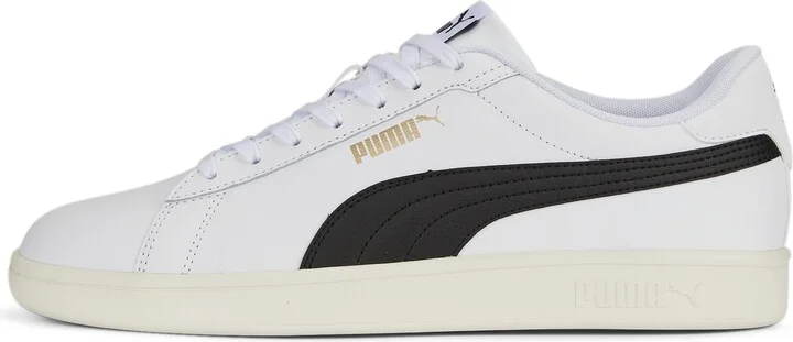 PUMA Men's Smash 3.0 Leather Sneaker White Black Gold-Frosted Ivory