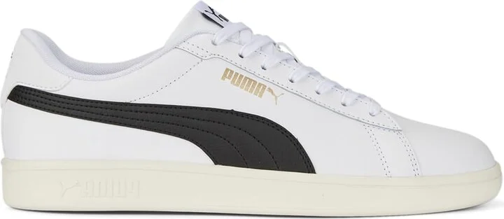 PUMA Men's Smash 3.0 Leather Sneaker White Black Gold-Frosted Ivory