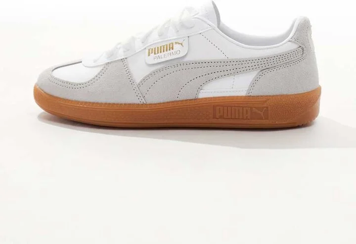 PUMA Palermo Leather sneakers with gum sole in white and gray - Image 2
