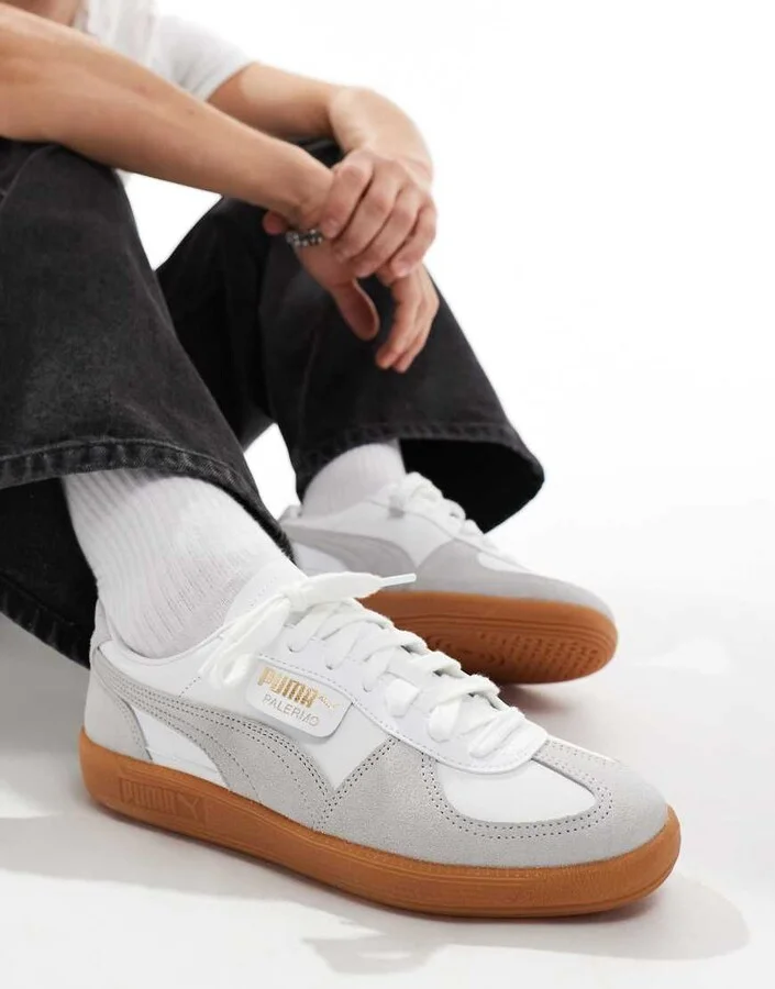 PUMA Palermo Leather sneakers with gum sole in white and gray