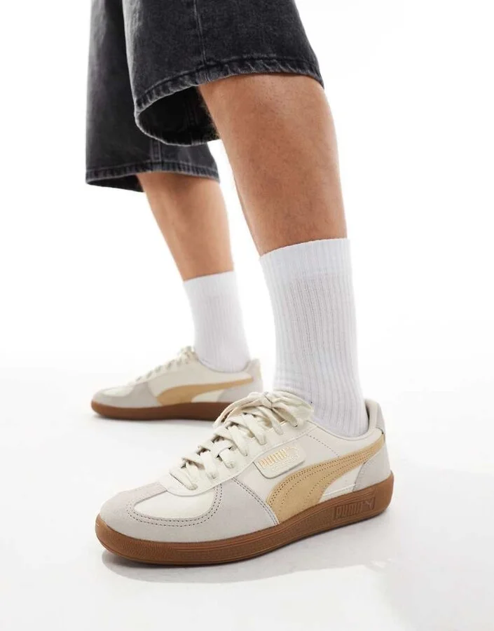 PUMA Palermo Leather sneakers with rubber sole in cream and sand