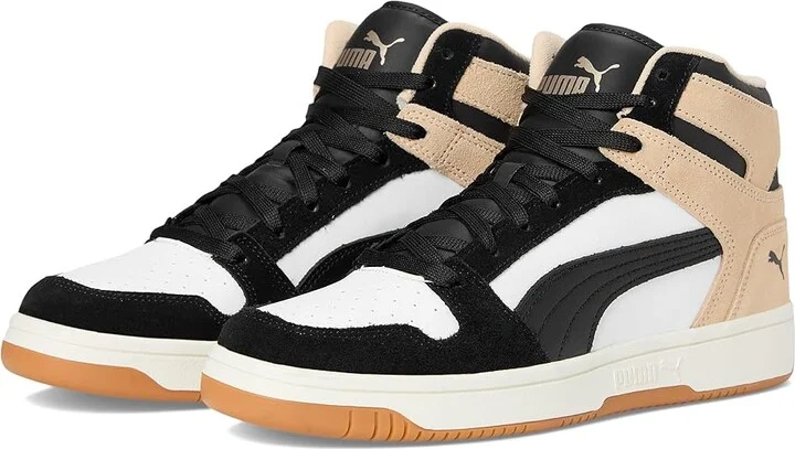 PUMA Rebound Layup Mid Shoes Women's Boots Puma White/Puma Black/Cashew : 5.5 B - Medium, Faux Leather/Leather