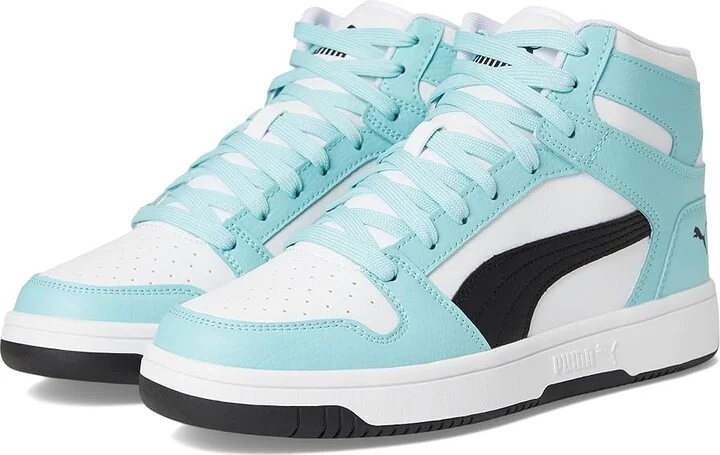 PUMA Rebound Layup Mid Shoes Women's Boots Puma White/Puma Black/Safe Lake : 7.5 B - Medium, Leather/Synthetic