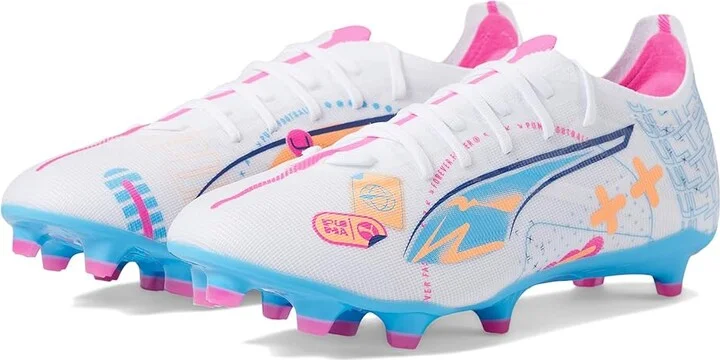 PUMA Ultra 5 Match Firm, Artificial Ground Soccer Cleats Men's Soccer Shoes Puma White/Luminous Blue/Poison Pink/Fizzy Melon : 13 D - Medium