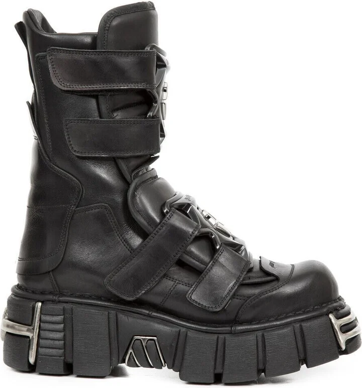 Punk Mid Calf Black Leather Boots-M-422-S1