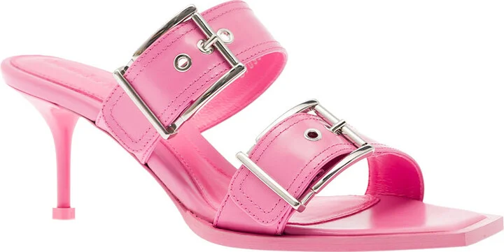 'punk' Pink Sandals With Double Strap And Metal Buckles In Leather Woman - Image 2
