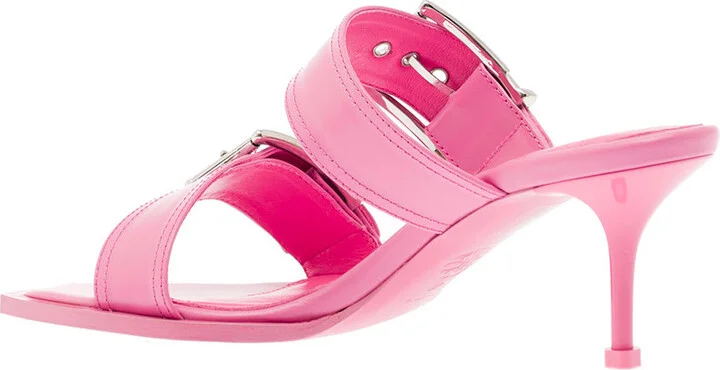 'punk' Pink Sandals With Double Strap And Metal Buckles In Leather Woman - Image 3