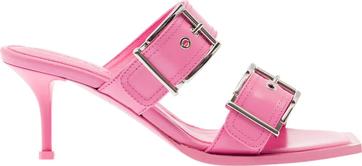 'punk' Pink Sandals With Double Strap And Metal Buckles In Leather Woman