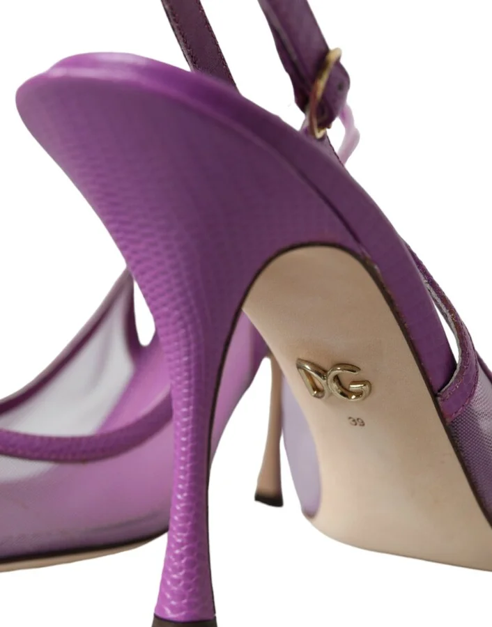 Purple Leather Mesh High Heels Slingback Women's Shoes - Image 6