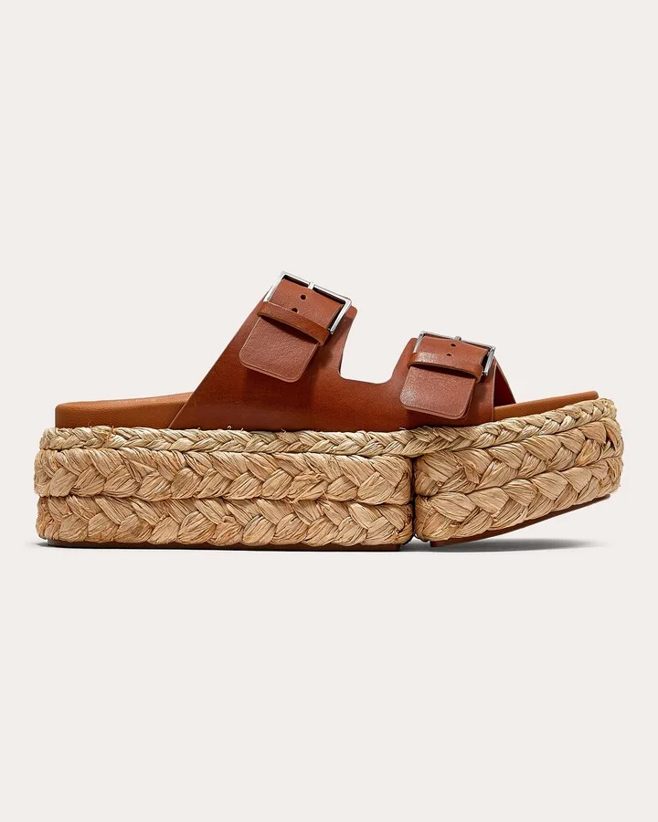 Qiana II Leather and Braided Raffia Platform Sandal