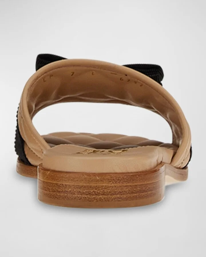 Quilted Leather Bow Flat Slide Sandals - Image 3