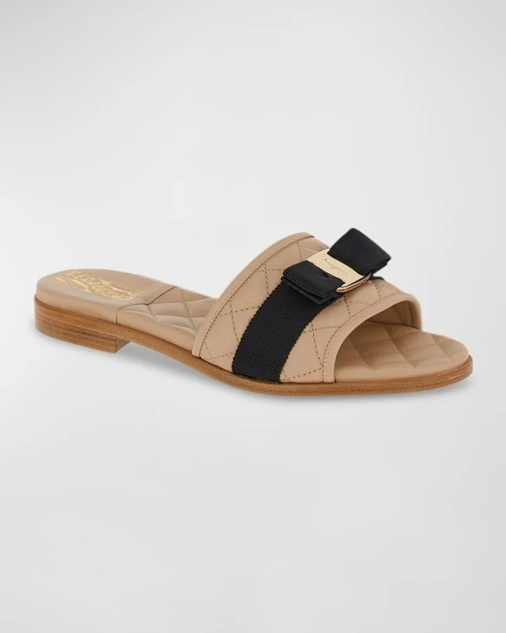 Quilted Leather Bow Flat Slide Sandals - Image 4