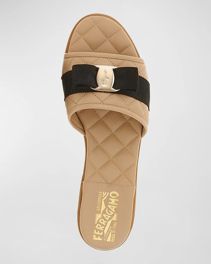 Quilted Leather Bow Flat Slide Sandals - Image 5
