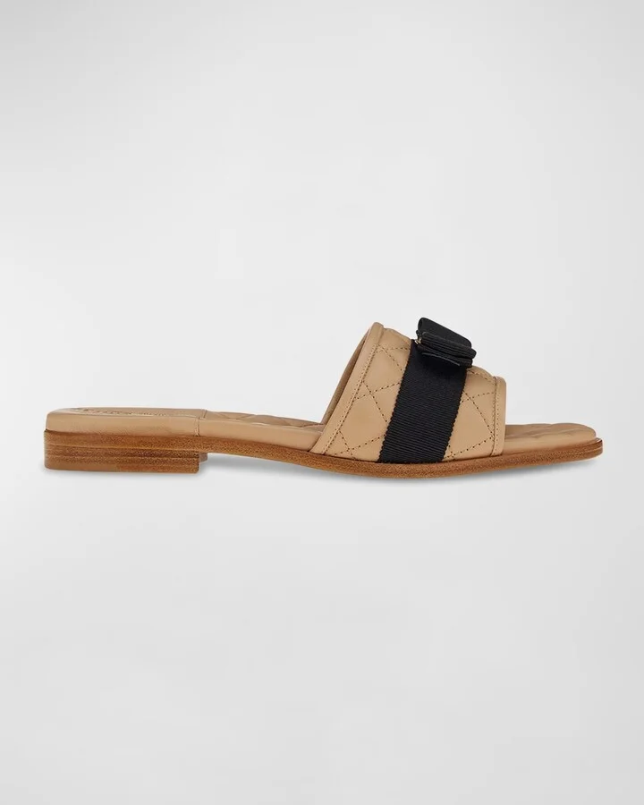 Quilted Leather Bow Flat Slide Sandals